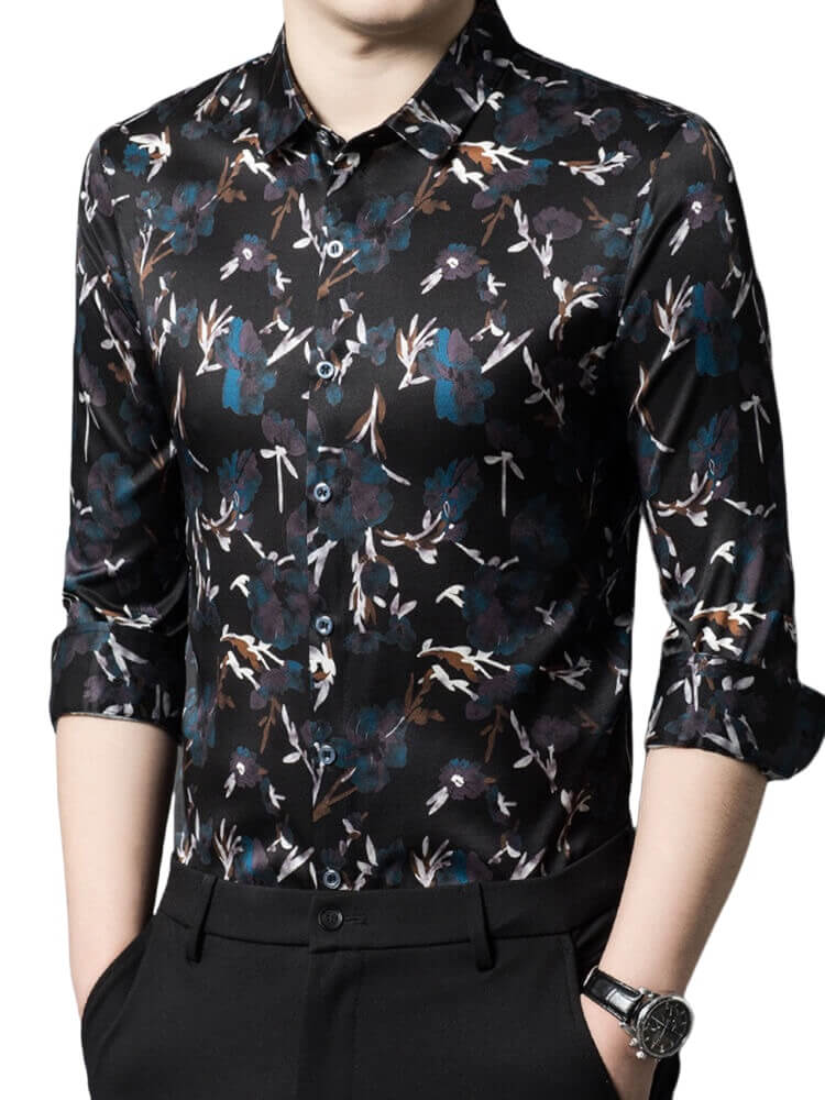 Floral Printed Men's Long Sleeve Button Front Silk Dress Shirt
