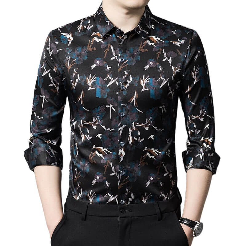 Floral Printed Men's Long Sleeve Button Front Silk Dress Shirt