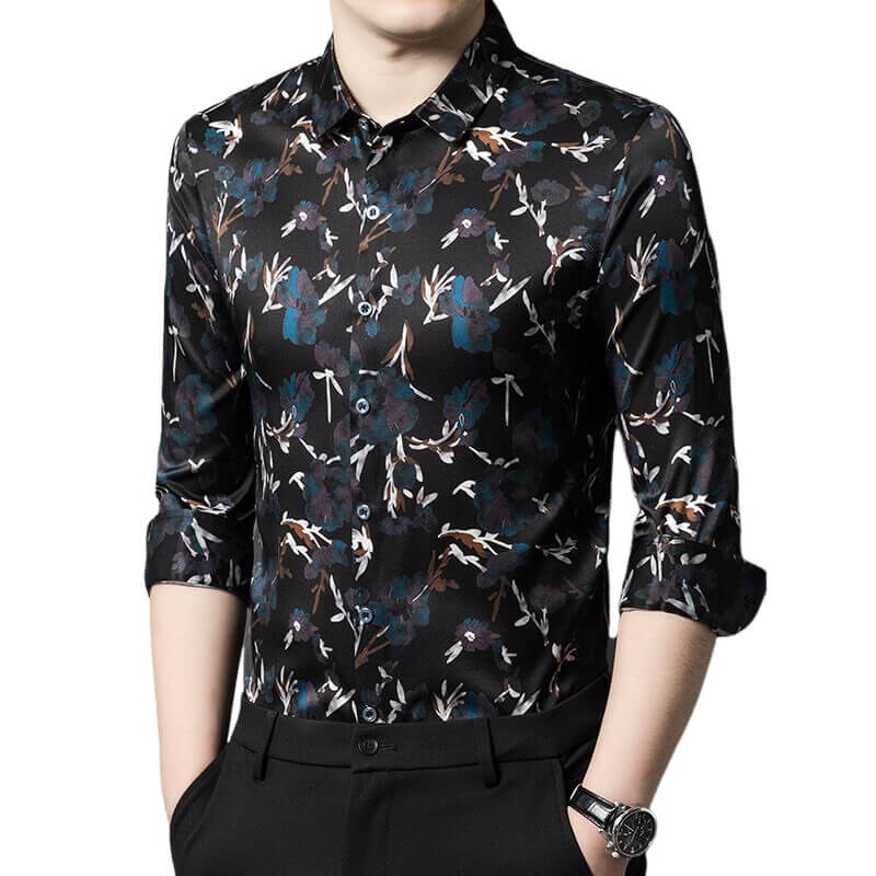 Floral Printed Men's Long Sleeve Button Front Silk Dress Shirt