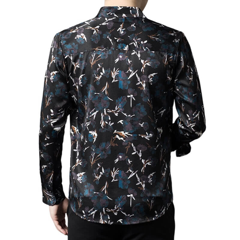 Floral Printed Men's Long Sleeve Button Front Silk Dress Shirt