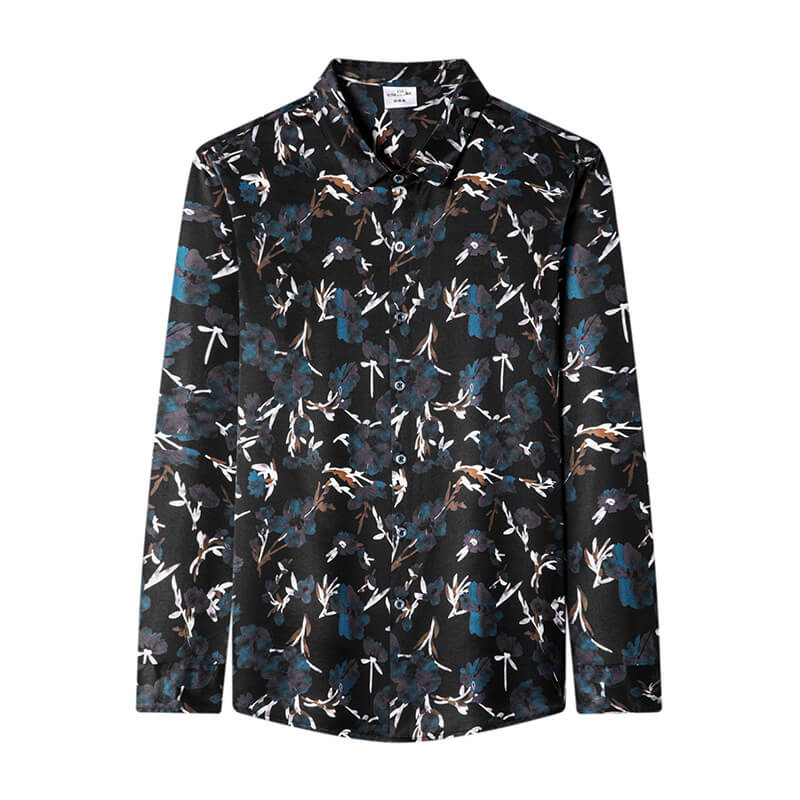 Floral Printed Men's Long Sleeve Button Front Silk Dress Shirt