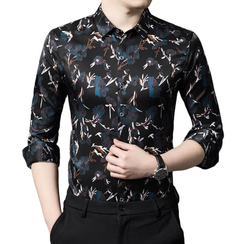 Floral Printed Men's Long Sleeve Button Front Silk Dress Shirt