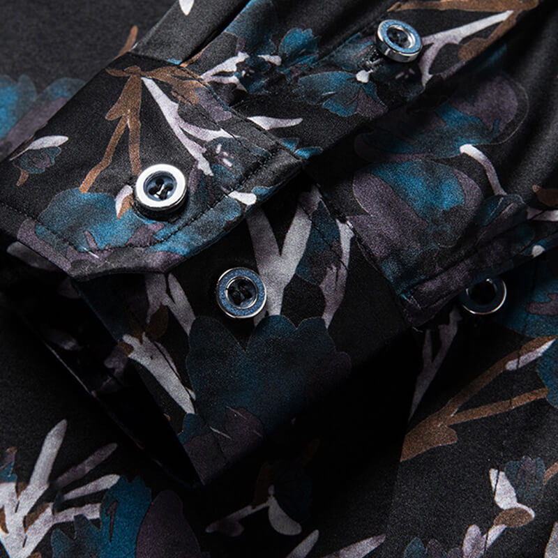 Floral Printed Men's Long Sleeve Button Front Silk Dress Shirt