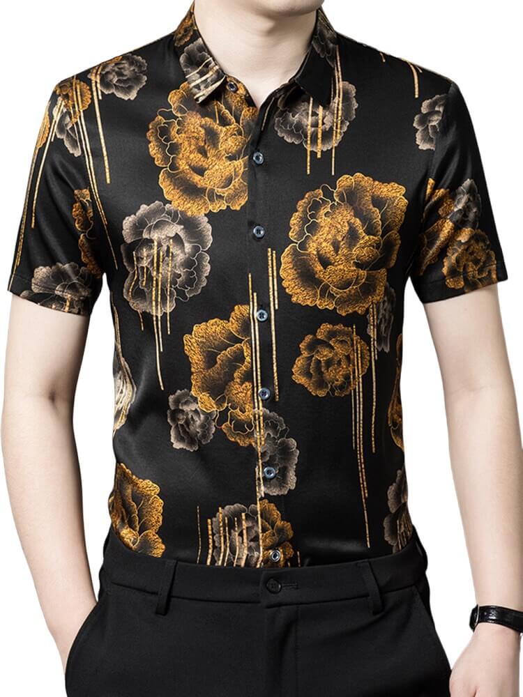 Golden Flower Print Short Sleeve Stretch Silk Shirt For Men