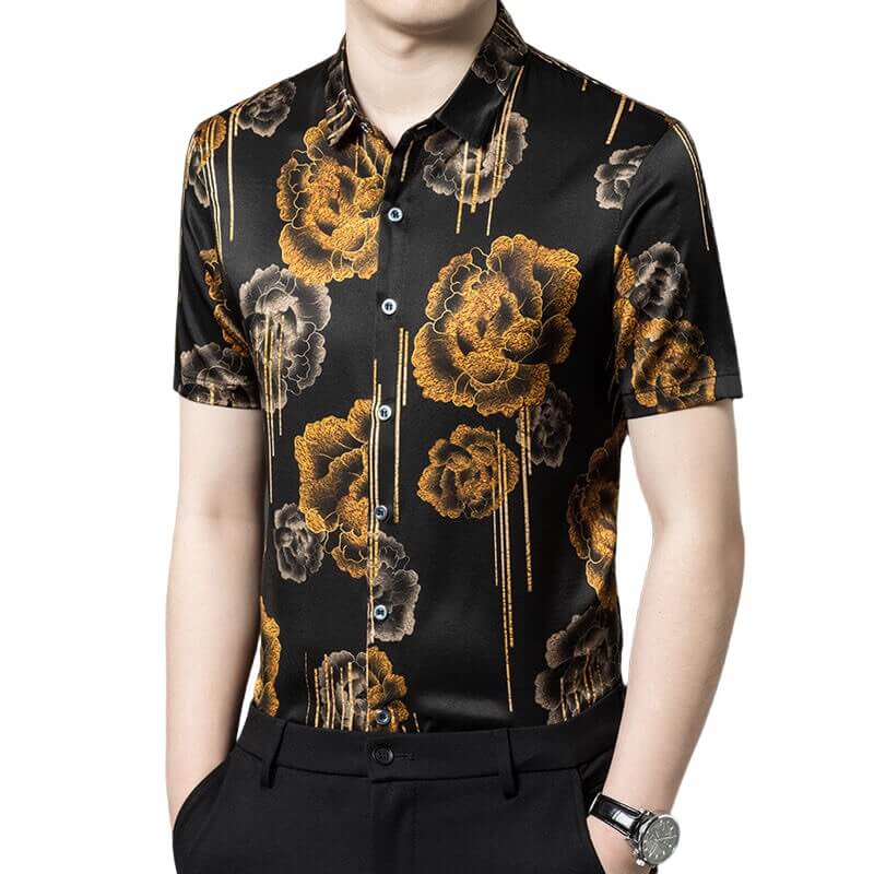 Golden Flower Print Short Sleeve Stretch Silk Shirt For Men