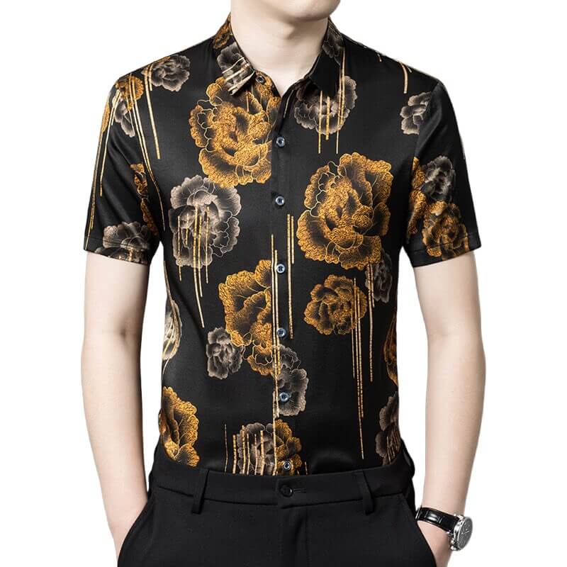 Golden Flower Print Short Sleeve Stretch Silk Shirt For Men