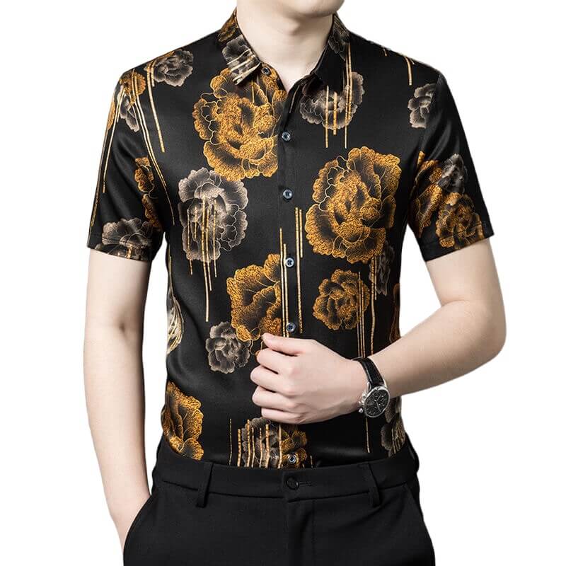 Golden Flower Print Short Sleeve Stretch Silk Shirt For Men
