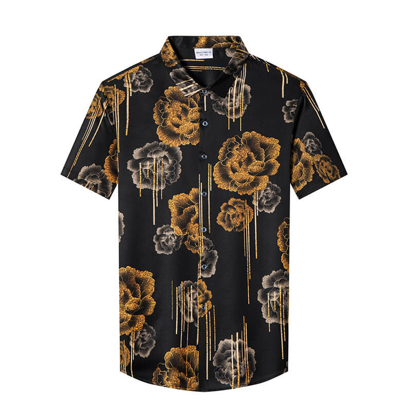 Golden Flower Print Short Sleeve Stretch Silk Shirt For Men