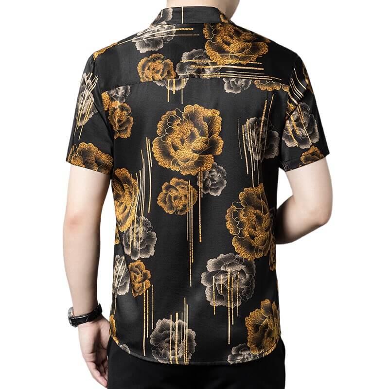 Golden Flower Print Short Sleeve Stretch Silk Shirt For Men