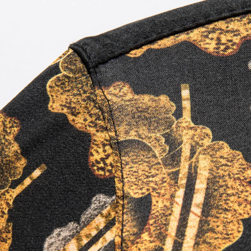 Golden Flower Print Short Sleeve Stretch Silk Shirt For Men