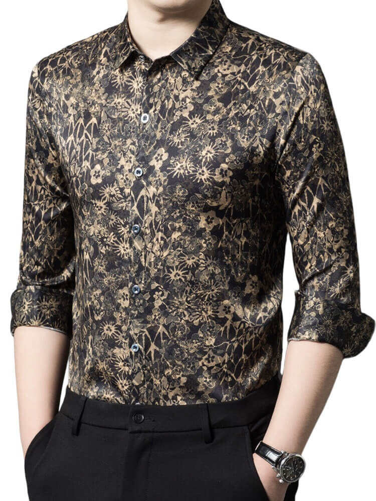 Black and Gold Floral Long Sleeve Silk Dress Shirt For Men