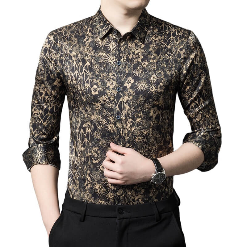 Black and Gold Floral Long Sleeve Silk Dress Shirt For Men