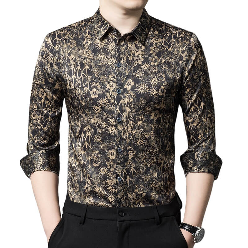 Black and Gold Floral Long Sleeve Silk Dress Shirt For Men