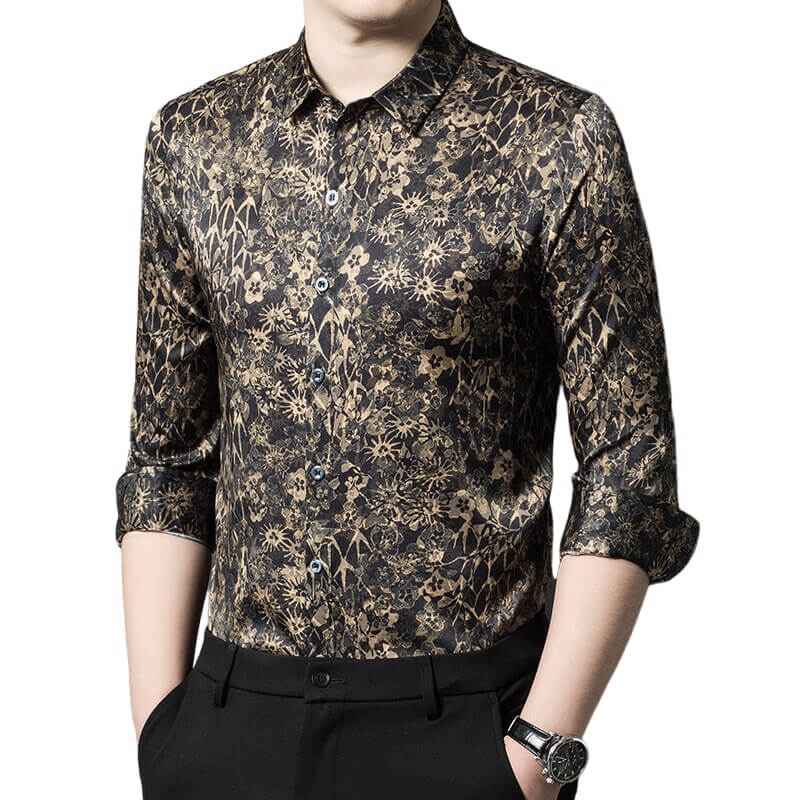 Black and Gold Floral Long Sleeve Silk Dress Shirt For Men