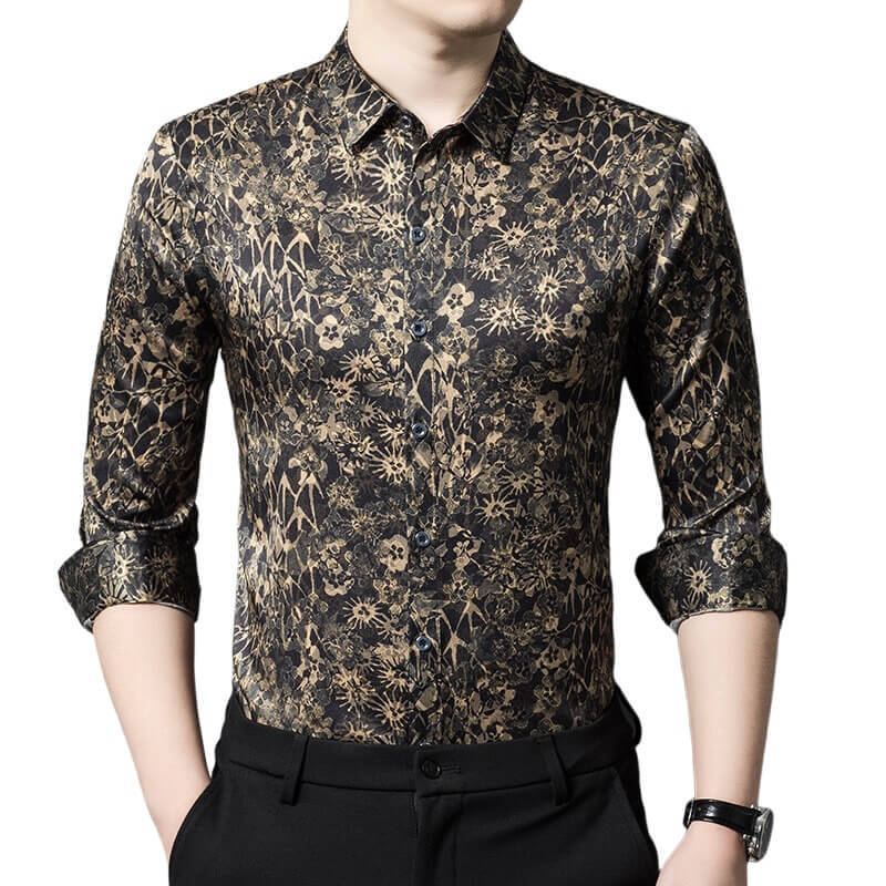 Black and Gold Floral Long Sleeve Silk Dress Shirt For Men