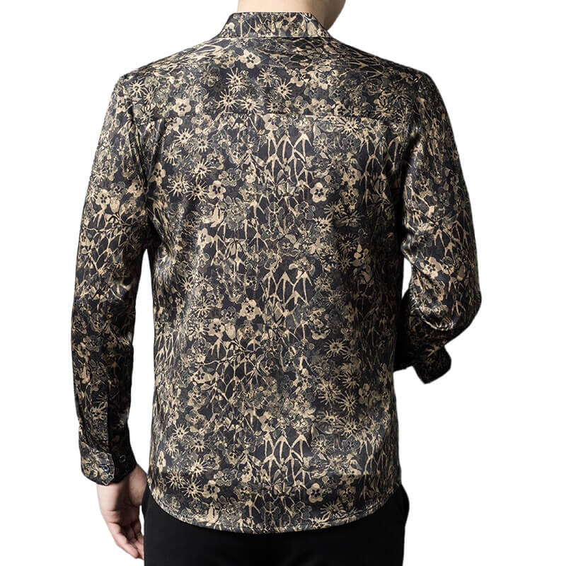 Black and Gold Floral Long Sleeve Silk Dress Shirt For Men