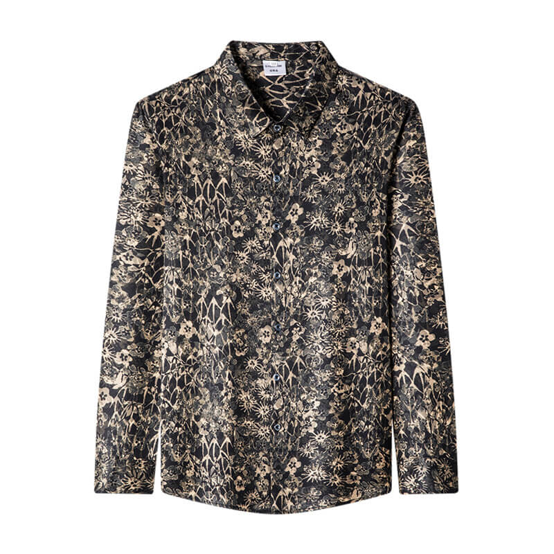 Black and Gold Floral Long Sleeve Silk Dress Shirt For Men