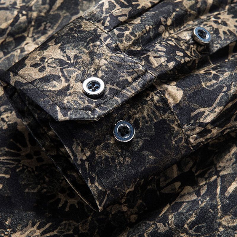 Black and Gold Floral Long Sleeve Silk Dress Shirt For Men