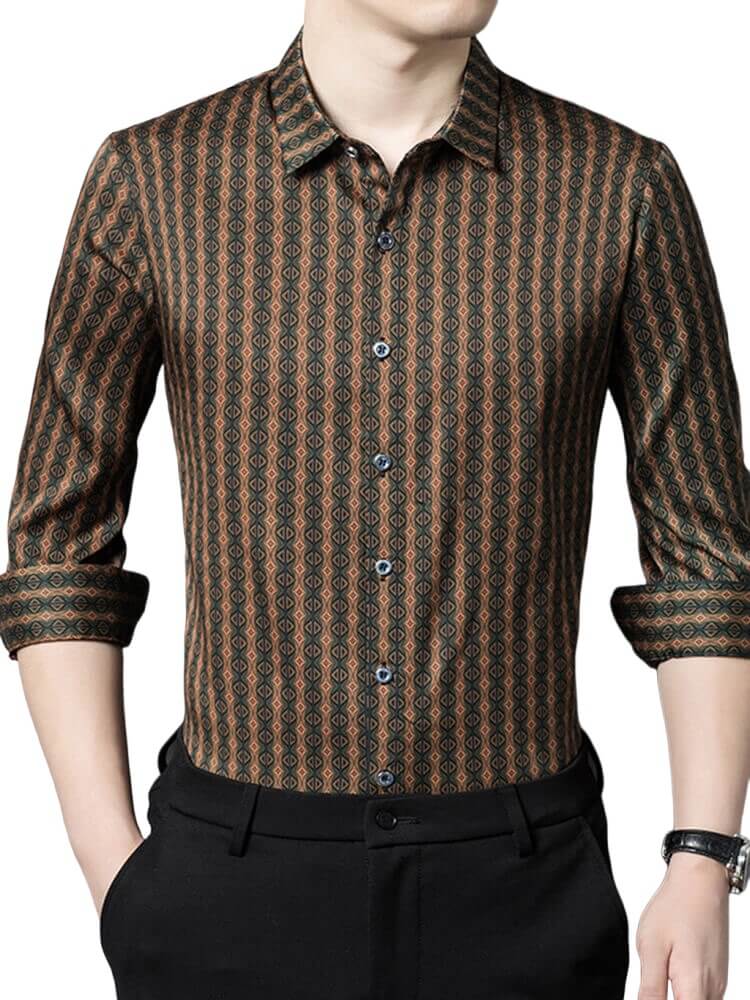 Brown Printed Long Sleeve Button Up Silk Dress Shirt For Men