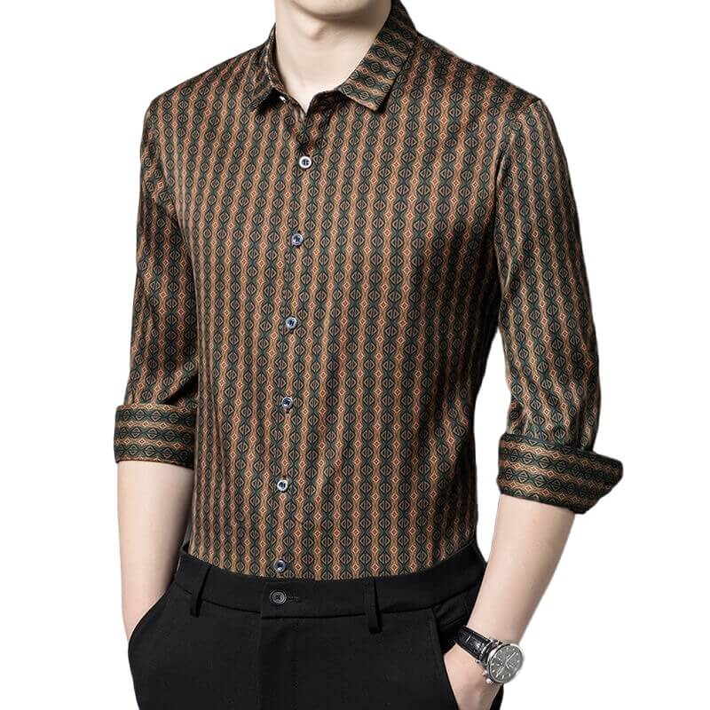 Brown Printed Long Sleeve Button Up Silk Dress Shirt For Men