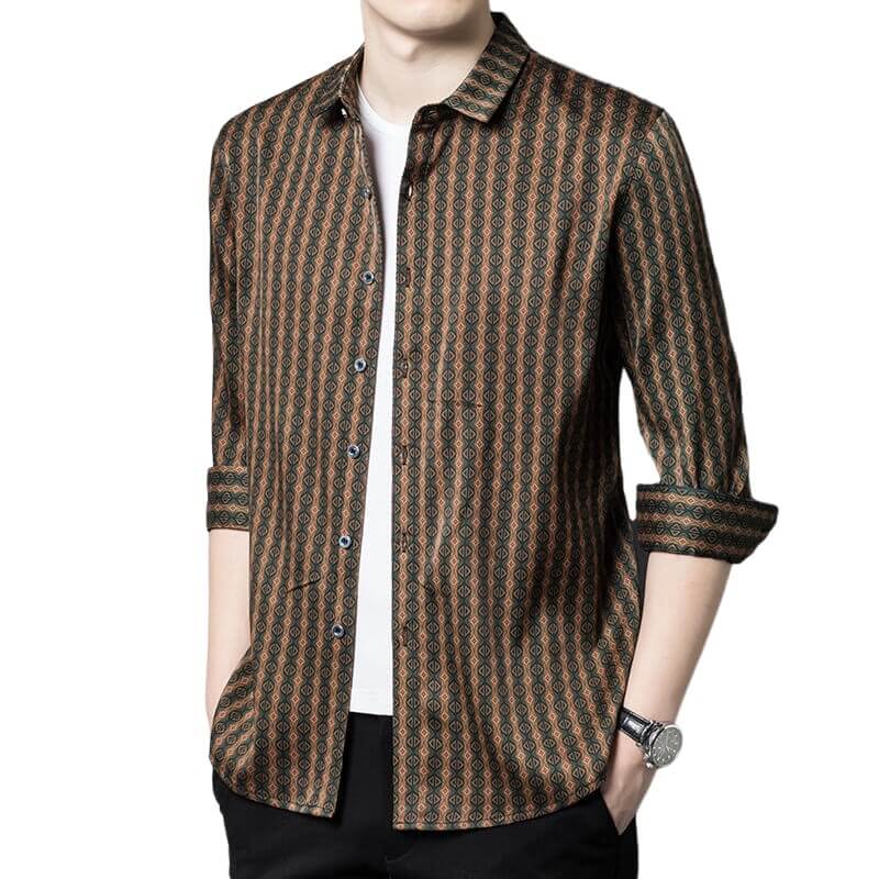 Brown Printed Long Sleeve Button Up Silk Dress Shirt For Men