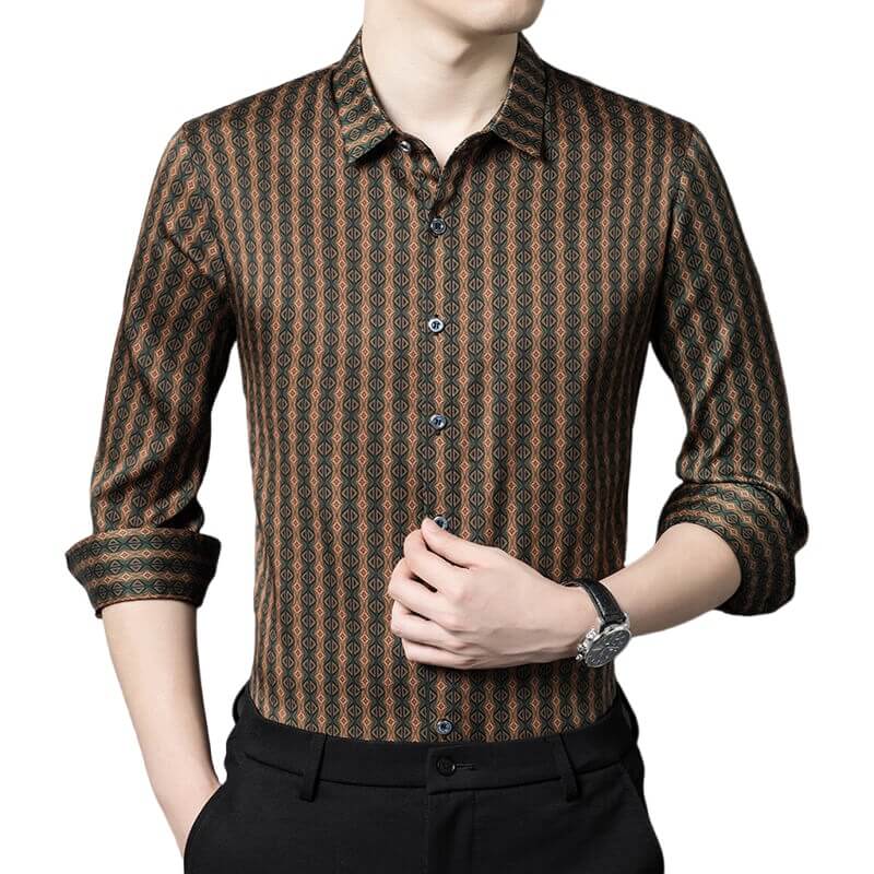 Brown Printed Long Sleeve Button Up Silk Dress Shirt For Men