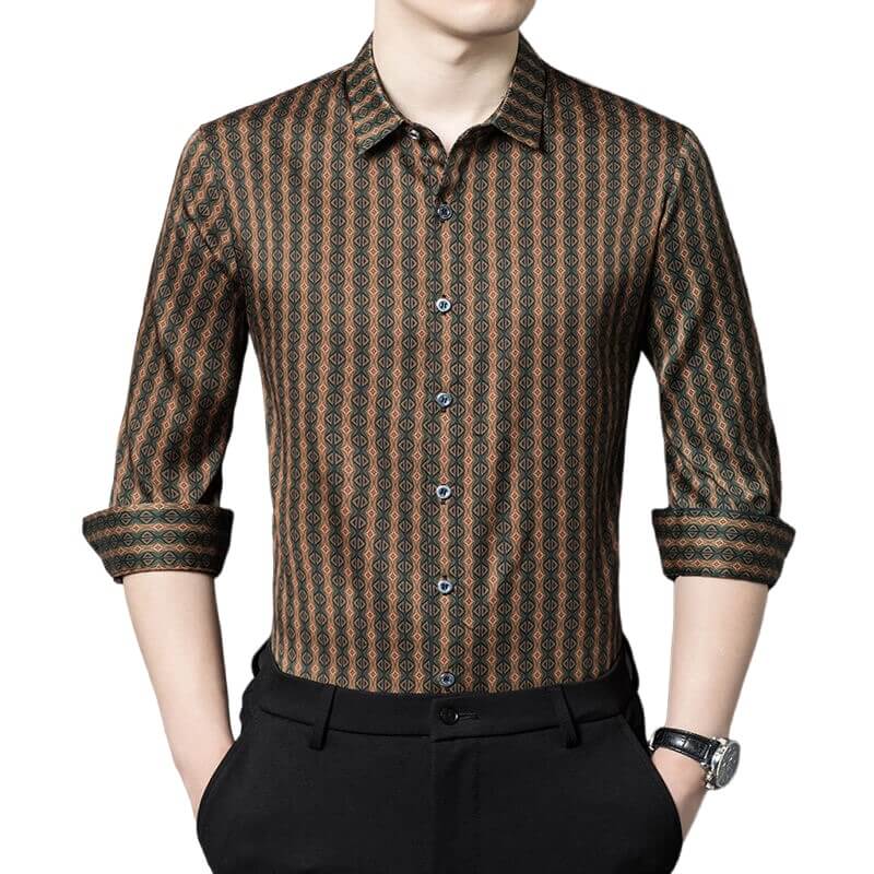 Brown Printed Long Sleeve Button Up Silk Dress Shirt For Men