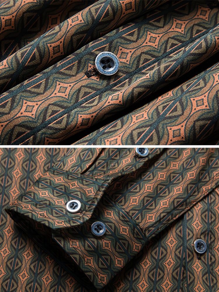 Brown Printed Long Sleeve Button Up Silk Dress Shirt For Men
