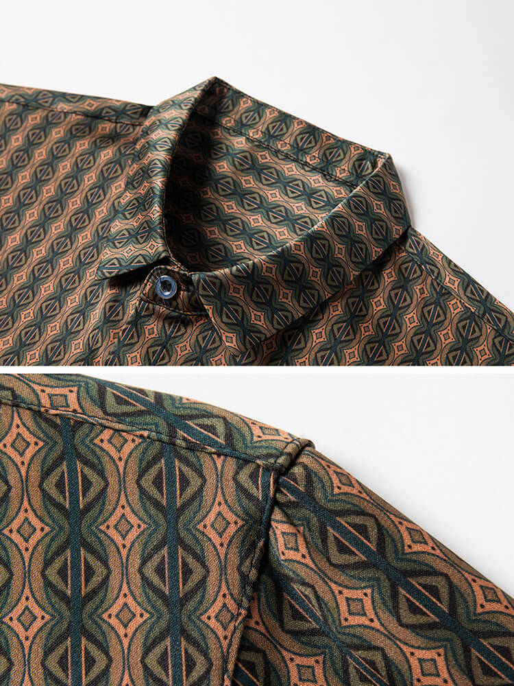 Brown Printed Long Sleeve Button Up Silk Dress Shirt For Men
