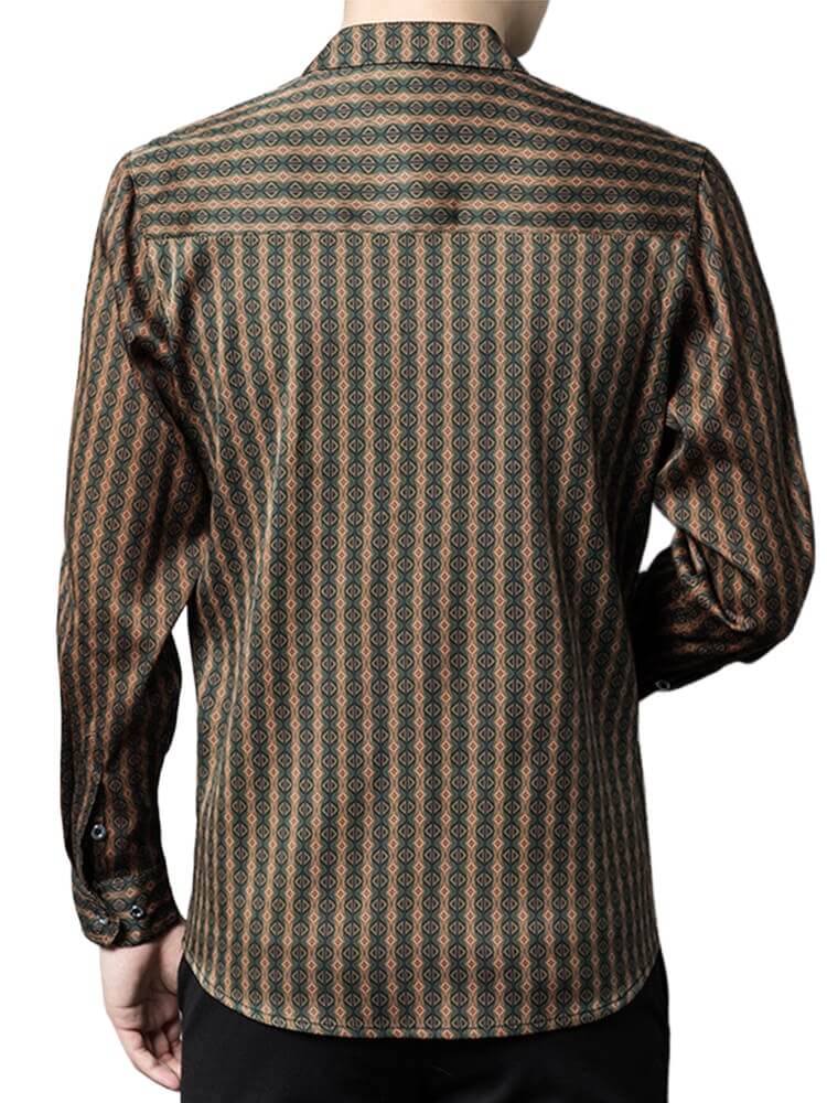 Brown Printed Long Sleeve Button Up Silk Dress Shirt For Men