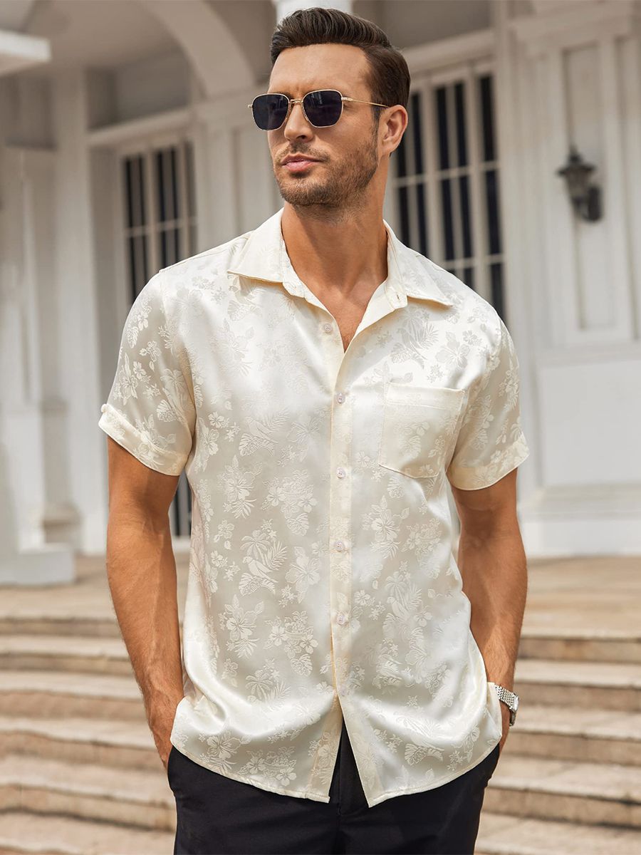 Men’s Floral Jacquard Button-Up Summer Short Sleeve Silk Shirt