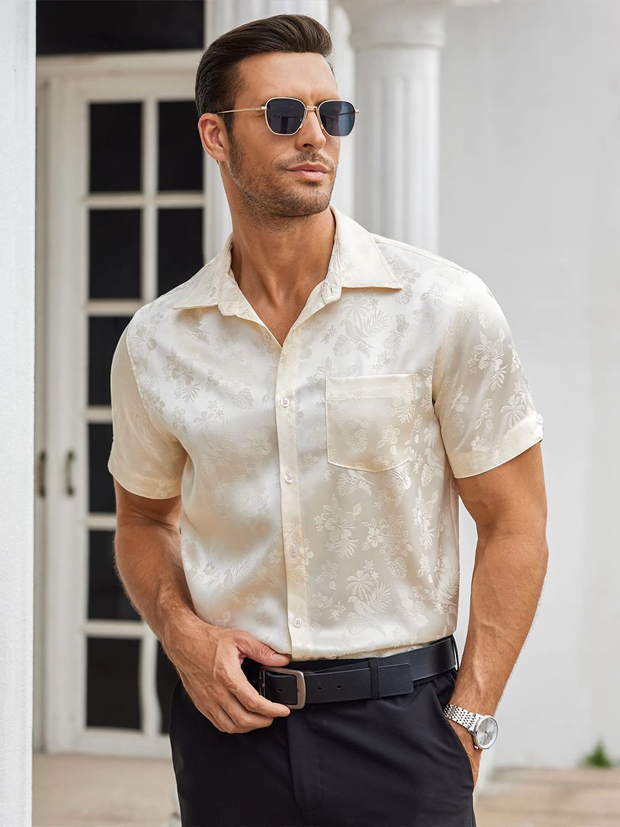Men’s Floral Jacquard Button-Up Summer Short Sleeve Silk Shirt