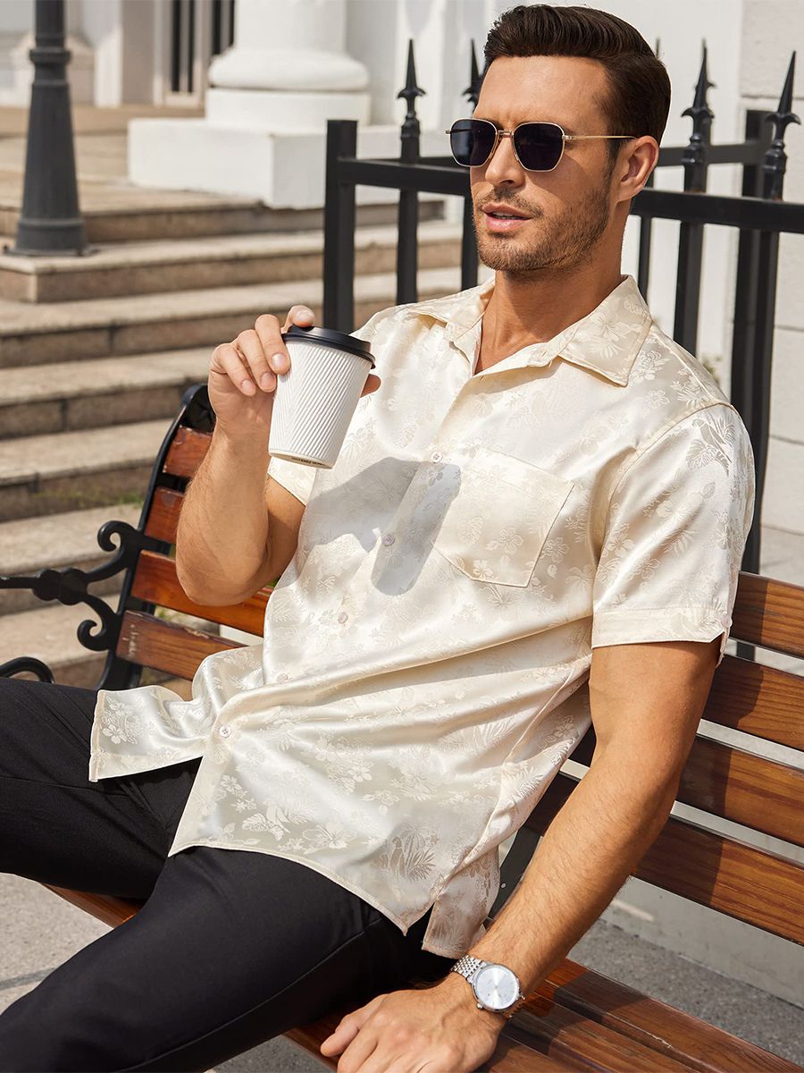 Men’s Floral Jacquard Button-Up Summer Short Sleeve Silk Shirt