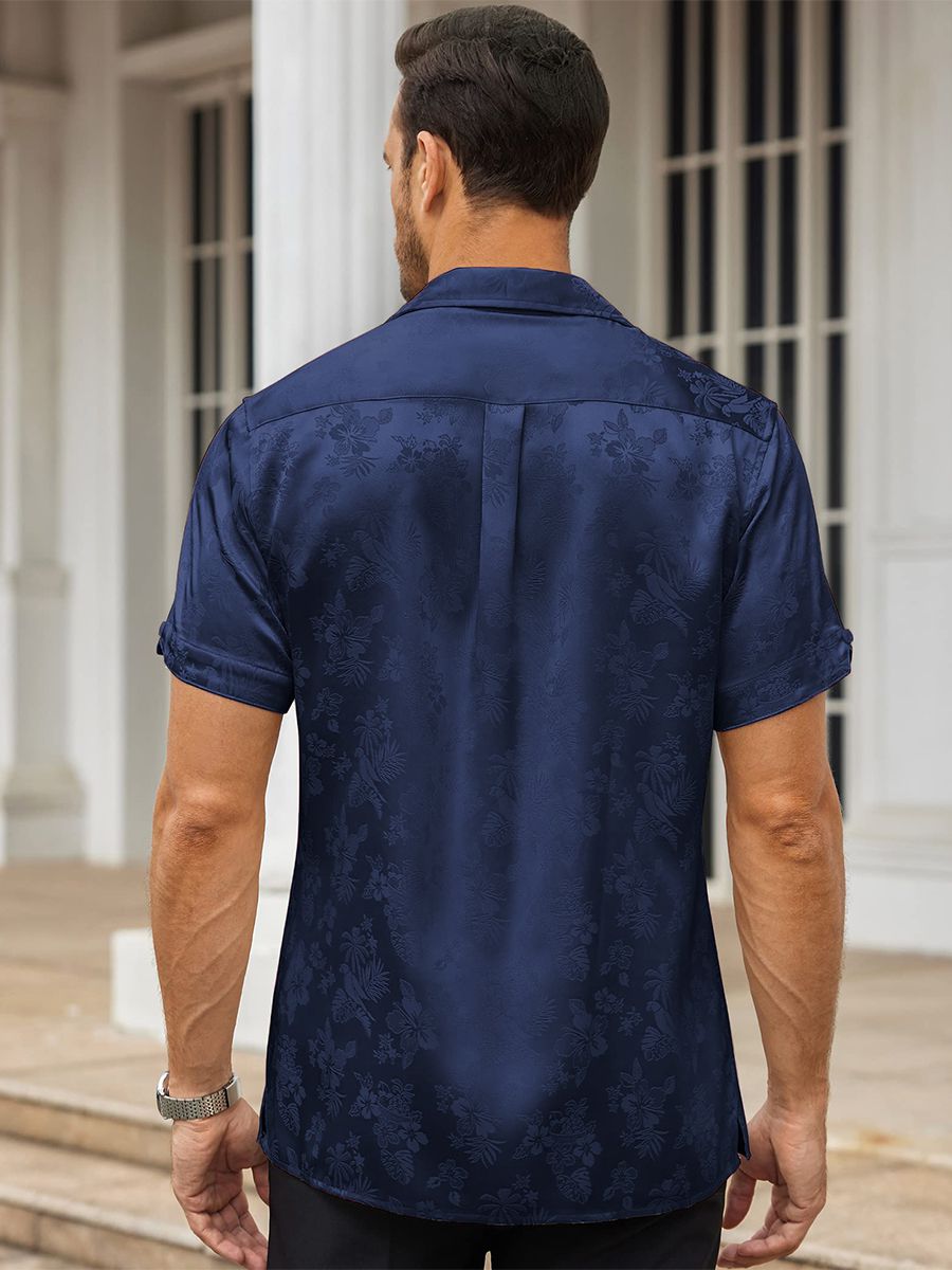 Men’s Floral Jacquard Button-Up Summer Short Sleeve Silk Shirt