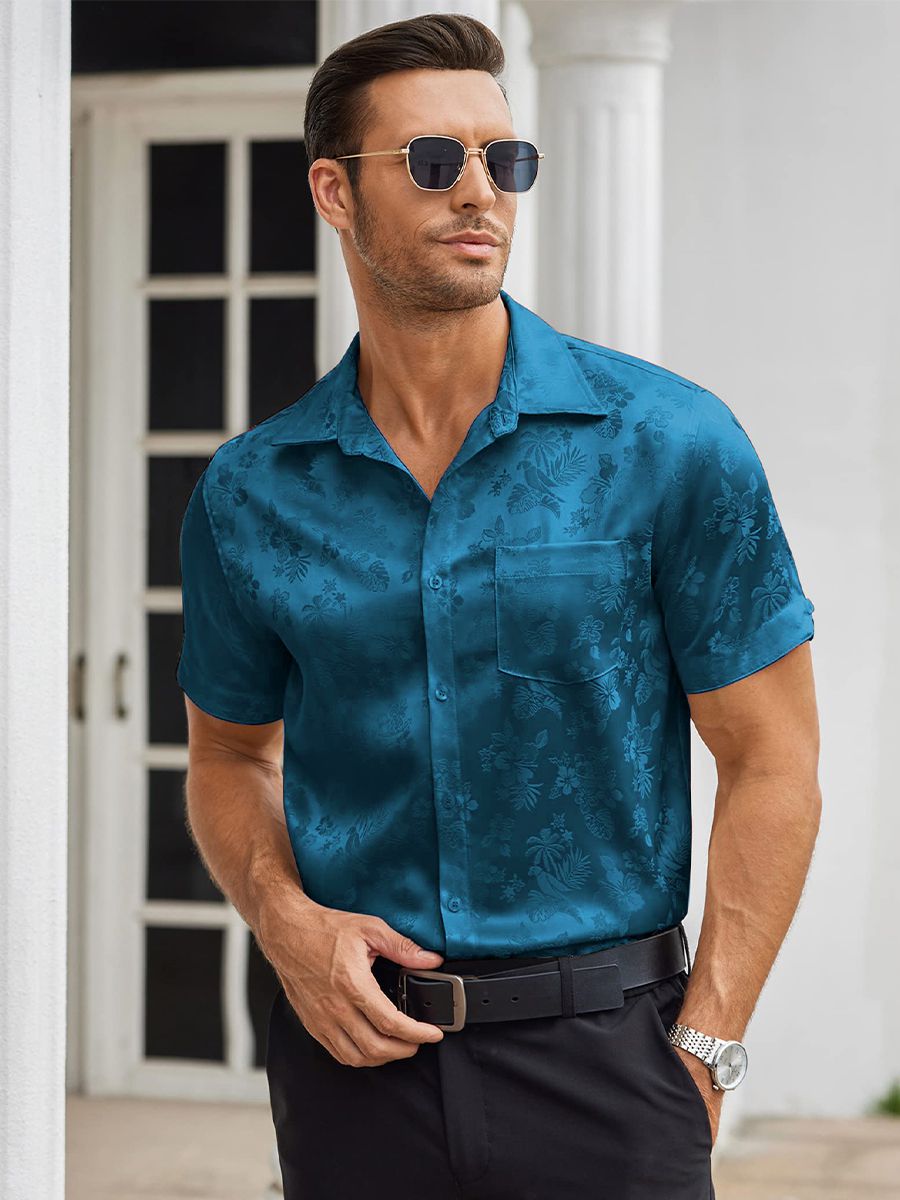 Men’s Floral Jacquard Button-Up Summer Short Sleeve Silk Shirt