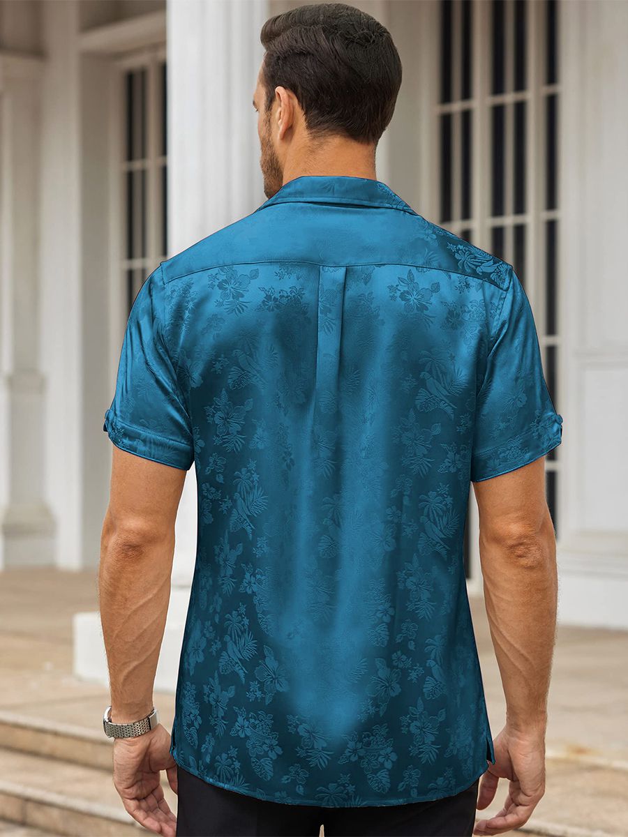 Men’s Floral Jacquard Button-Up Summer Short Sleeve Silk Shirt