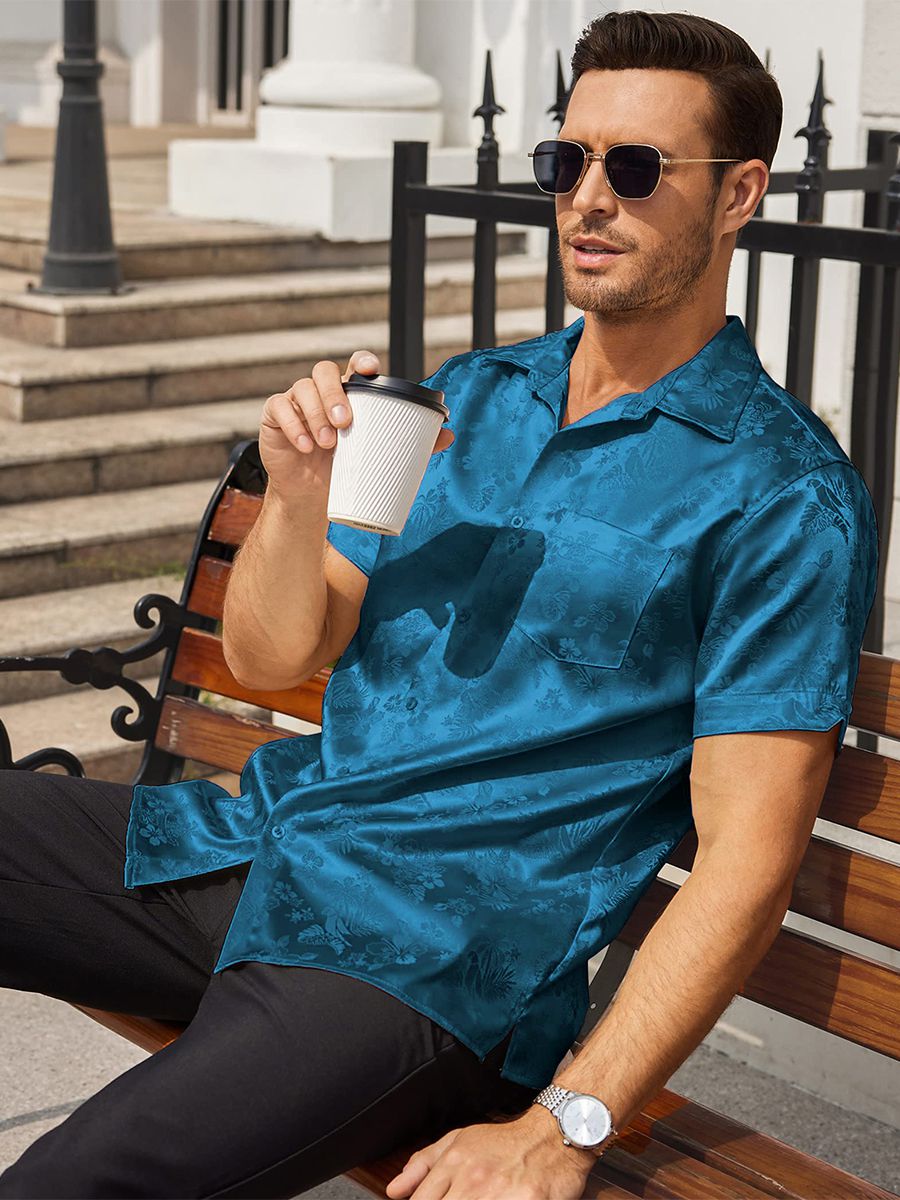 Men’s Floral Jacquard Button-Up Summer Short Sleeve Silk Shirt