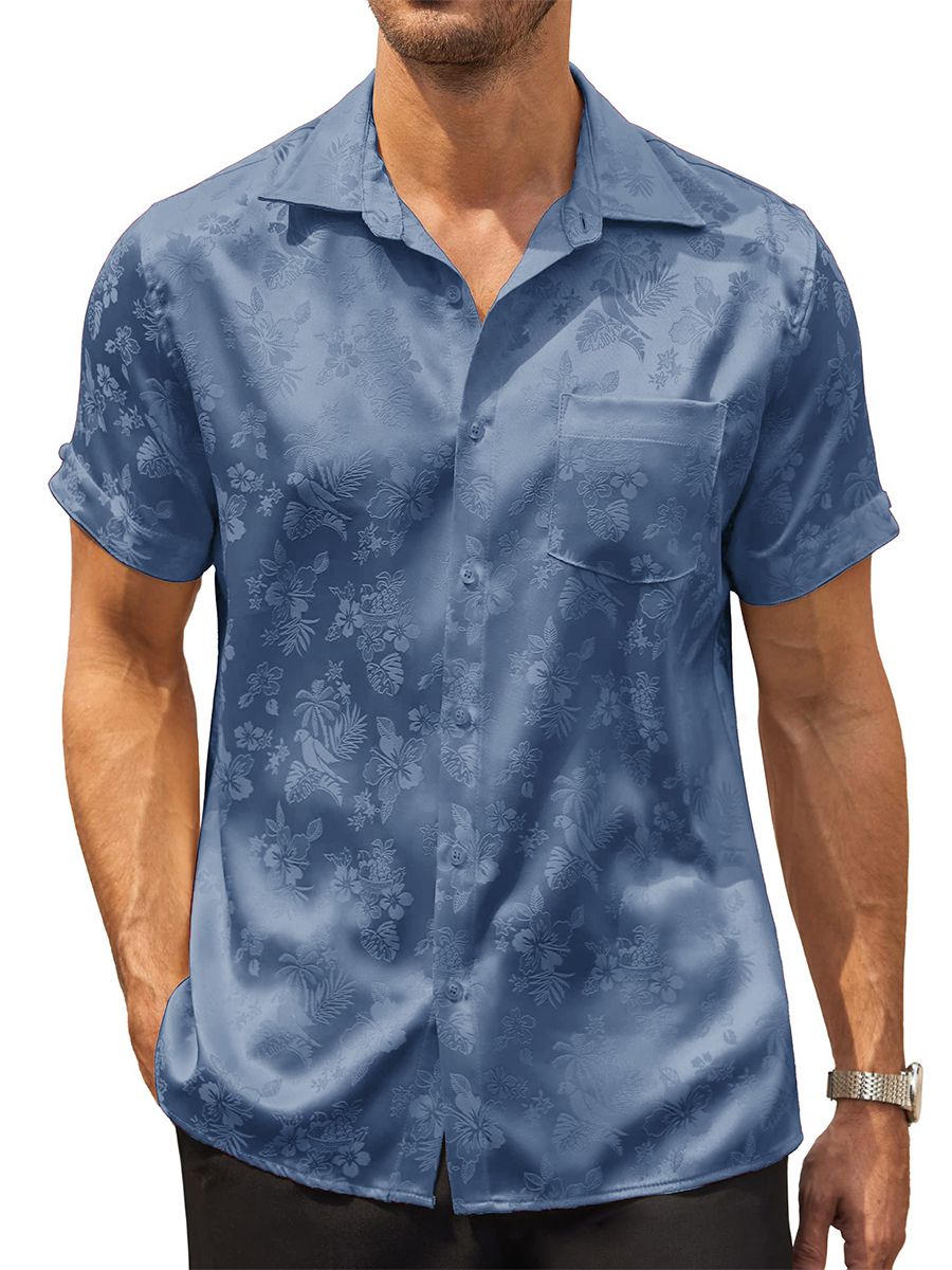 Men’s Floral Jacquard Button-Up Summer Short Sleeve Silk Shirt