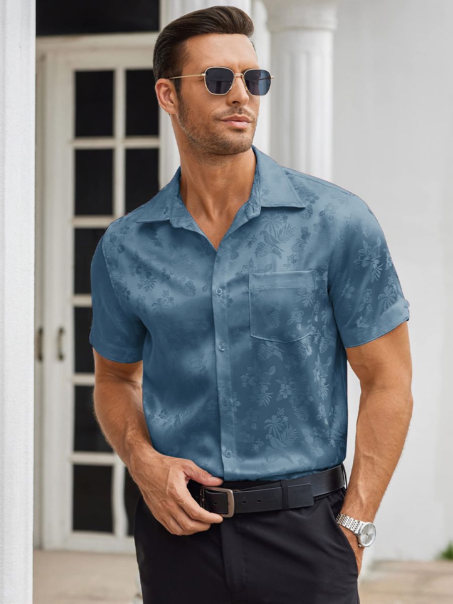 Men’s Floral Jacquard Button-Up Summer Short Sleeve Silk Shirt