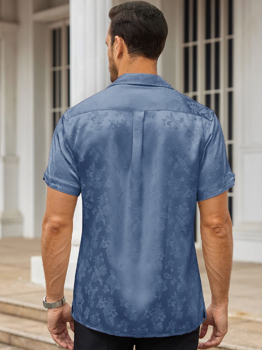 Men’s Floral Jacquard Button-Up Summer Short Sleeve Silk Shirt