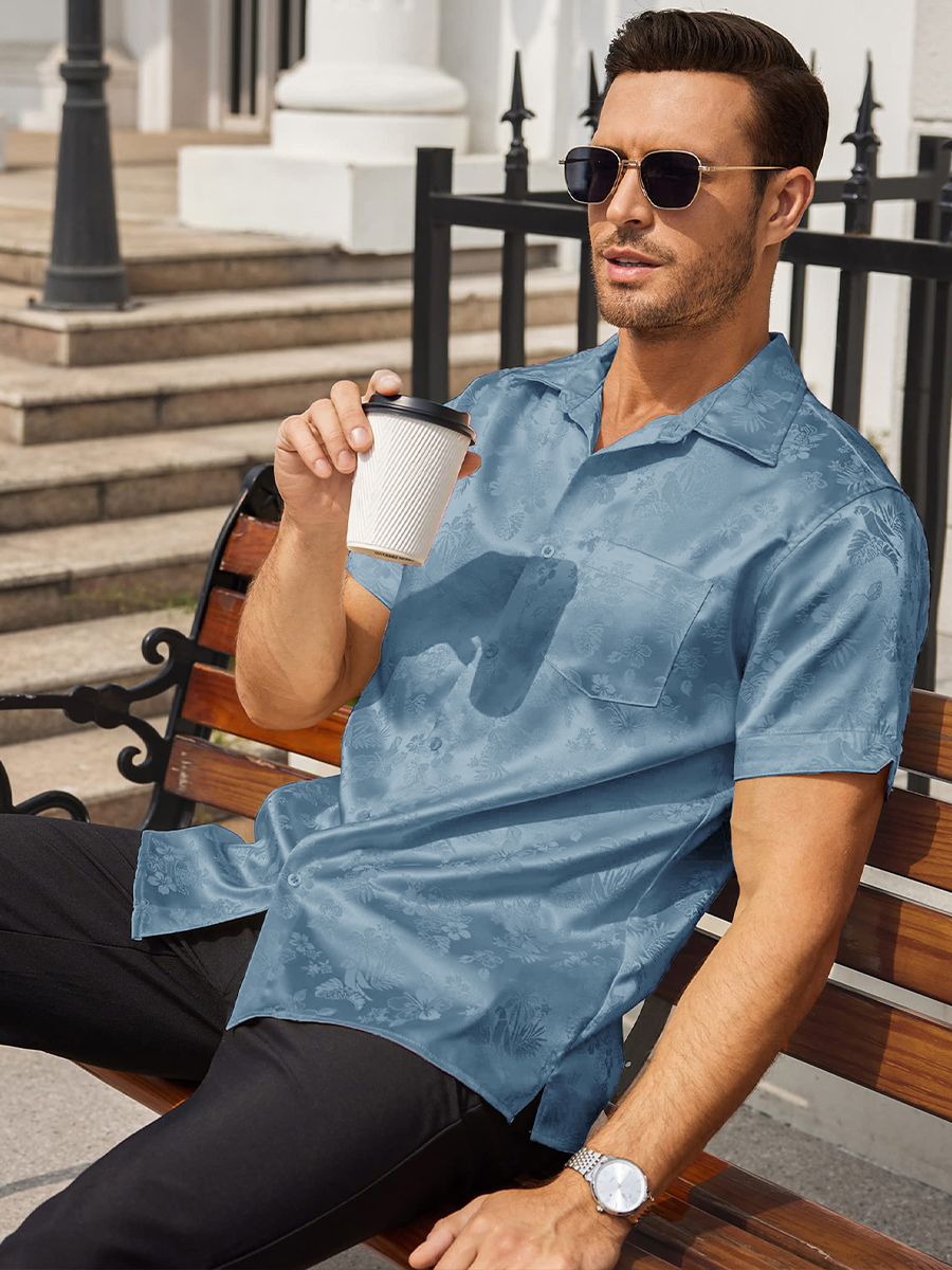 Men’s Floral Jacquard Button-Up Summer Short Sleeve Silk Shirt