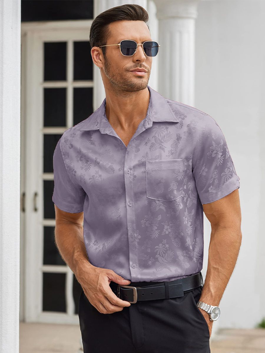 Men’s Floral Jacquard Button-Up Summer Short Sleeve Silk Shirt