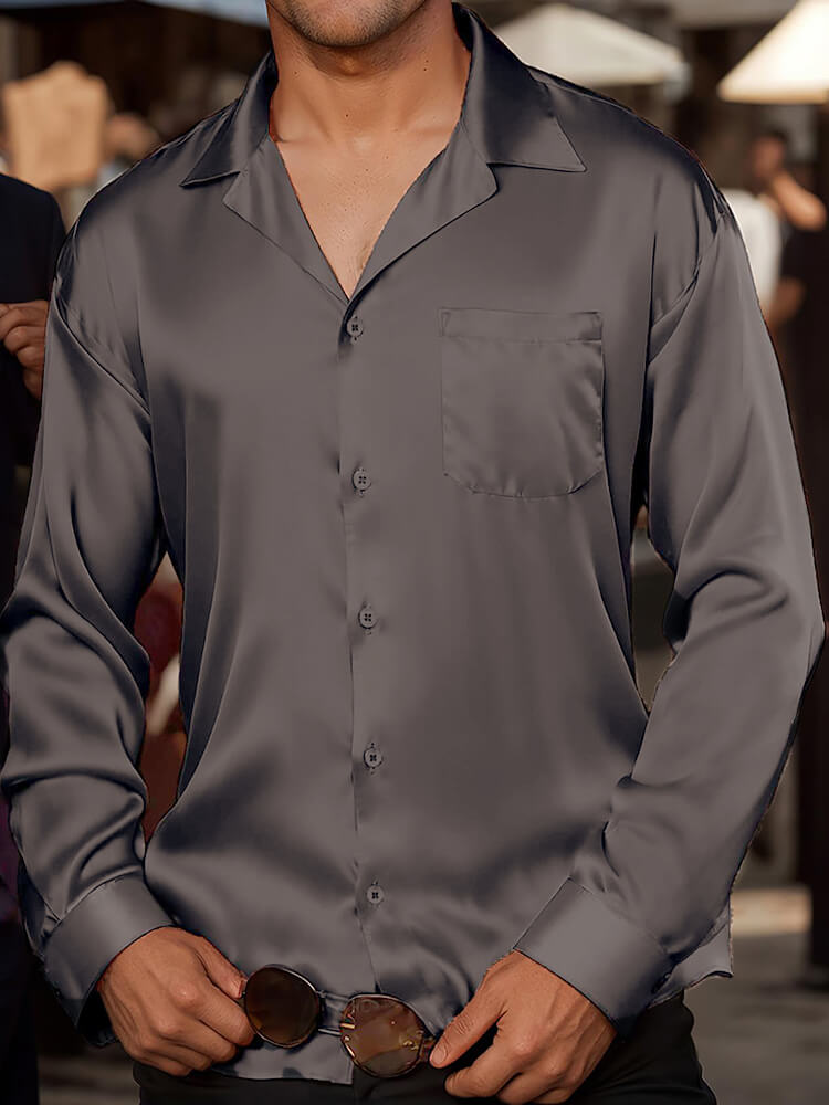 22 Momme Men's Classic Long Sleeve Silk Cuban Collar Shirt