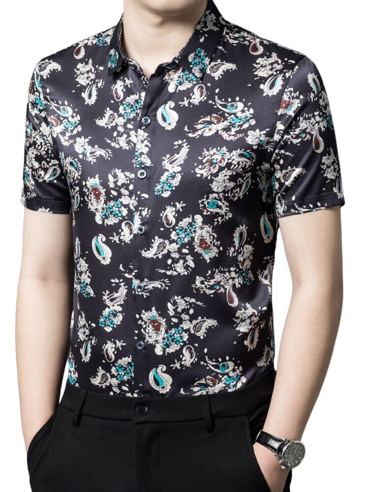 Men's Black Short Sleeve Paisley Print Stretch Silk Shirt