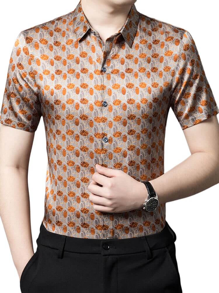 Men’s Silver Orange Dot Circle Print Short Sleeve Silk Shirt