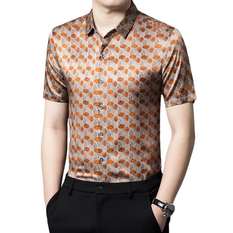 Men’s Silver Orange Dot Circle Print Short Sleeve Silk Shirt