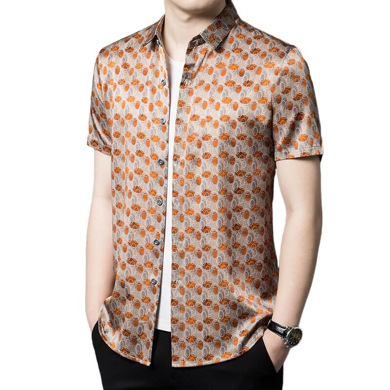 Men’s Silver Orange Dot Circle Print Short Sleeve Silk Shirt