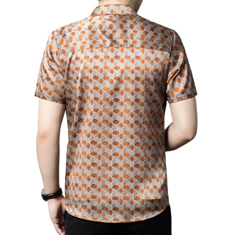Men’s Silver Orange Dot Circle Print Short Sleeve Silk Shirt