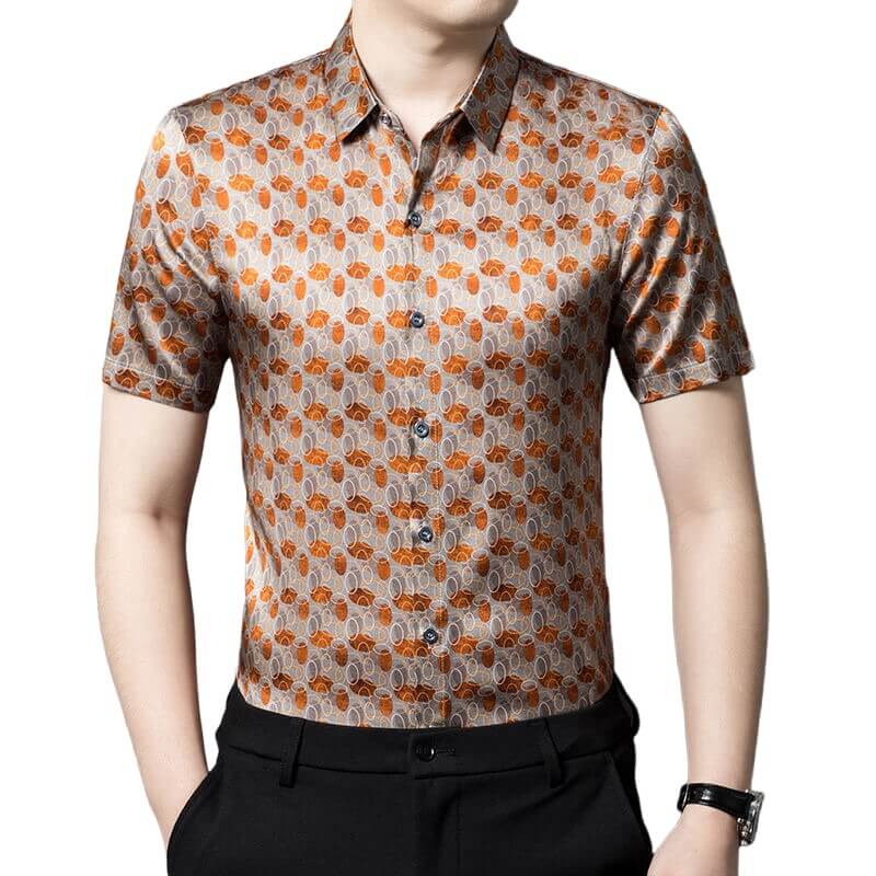Men’s Silver Orange Dot Circle Print Short Sleeve Silk Shirt