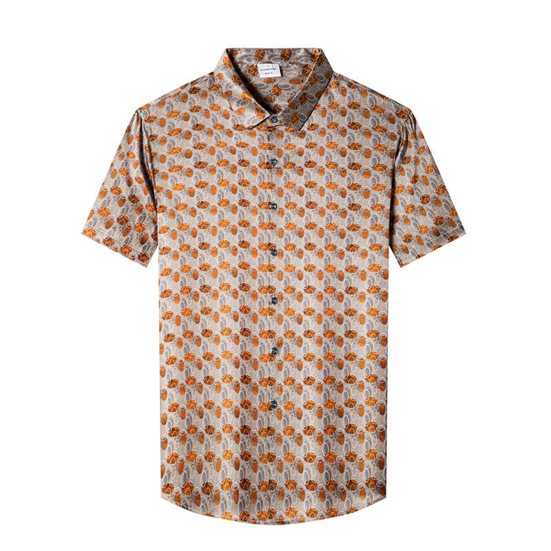 Men’s Silver Orange Dot Circle Print Short Sleeve Silk Shirt